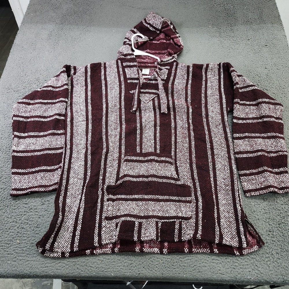 Artesanias Sweater Mens XL Red Striped Hooded Baja Pullover Kangaroo Pocket